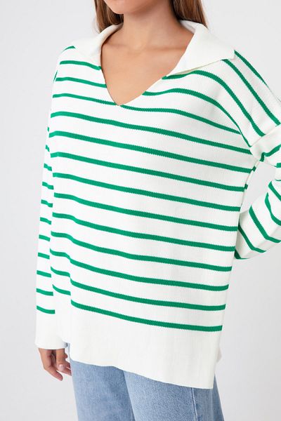 Lafaba Ecrufarbener, gestreifter Strickpullover mit Hemdkragen für Damen