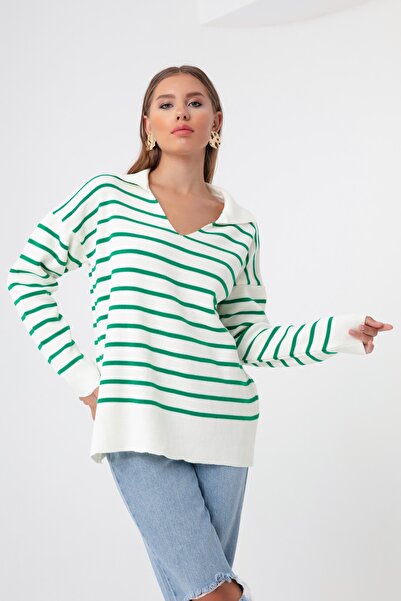 Lafaba Pulover de damă, ecru, cu guler de cămașă în dungi