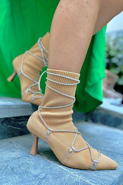 SHOEBELLAS Γυναικείες μπότες με τακούνι Vico Nude Knitwear Stone