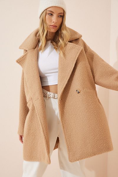 Happiness İstanbul Női keksz Oversize Boucle kabát OH00029