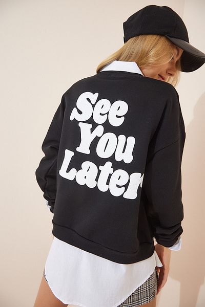 Happiness İstanbul Women's Black Printed Raised Sweatshirt DZ00063