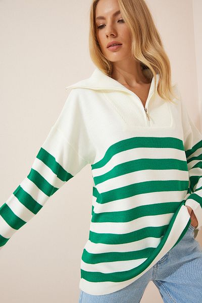 Happiness İstanbul Grün-weiß gestreifter Oversize-Strickpullover mit Reißverschluss und Stehkragen für Damen BV00009