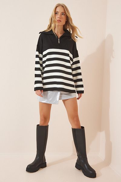 Happiness İstanbul Weiß-schwarzes Damen-Sweatshirt mit Reißverschluss, Stehkragen, gestreift, übergroß, Strick, BV00009
