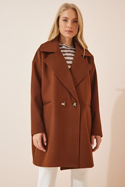 Happiness İstanbul Dámský hnědý oversize kabát na obočí OH00028