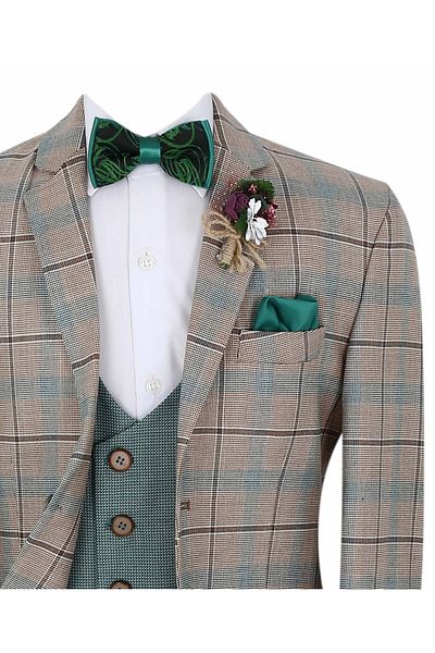 SIRRI Boy's Plaid Brown & Green Jacket Vest Trousers 3 Piece Suit