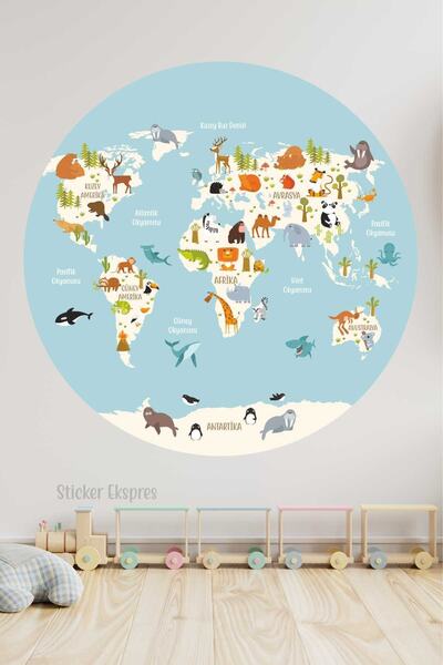 Sticker Ekspres Tek Parça Türkçe Dünya Haritası Bebek Çocuk Odası Anaokulu Kr...