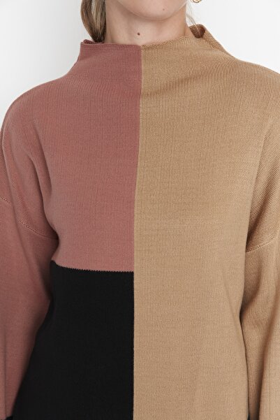 Trendyol Modest Light Brown Color Block Stand Collar Knitwear Sweater TCTAW22AK0054