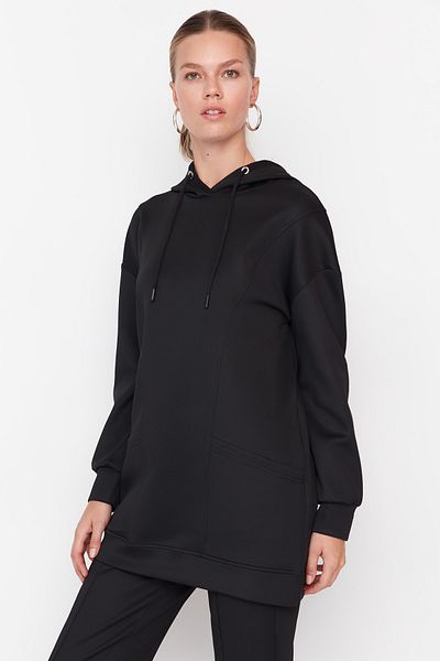 Trendyol Modest Black Hooded Slit Detailed Scuba Sweatshirt-Pants Knitted Set TCTAW23US00139