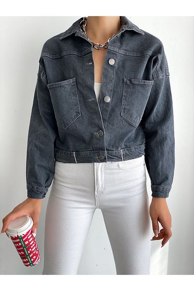 Fav Style Jachetă de denim cu buzunar dublu, cu nasturi, gri