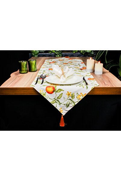 Biz Class Orange Patterned Duck Fabric Tasseled Runner/ Runner-Tablecloth