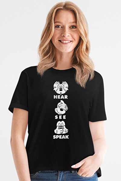 ROCKANDROLL Tricou negru cu mânecă scurtă Seeing Hearing pentru femei