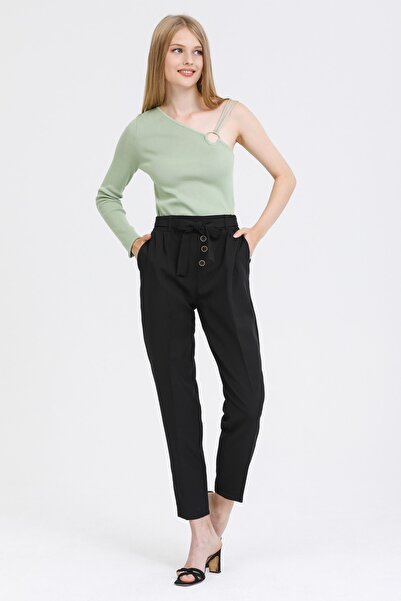 MD trend Women's Black Button Detailed High Waist Belted Fabric Trousers