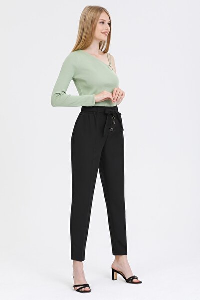 MD trend Women's Black Button Detailed High Waist Belted Fabric Trousers