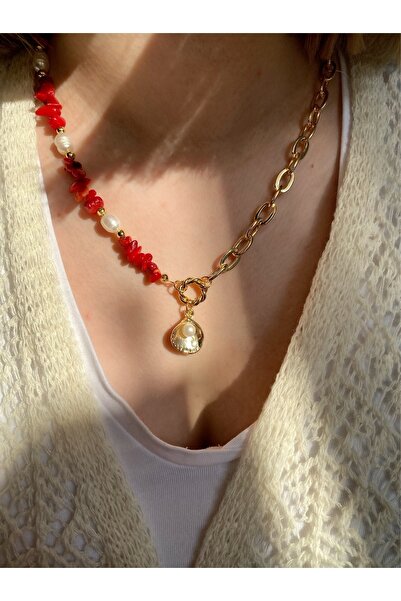 Forlana Aksesuar Doğal Mercan Taşlı Ve Gerçek Incili Istiridye Kolye