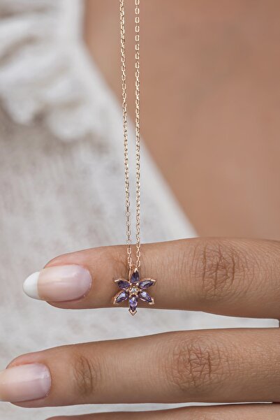 Nereze 925 Ayar Gümüş Tek Kat Mor Taşlı Lotus Çiçeği Kolye