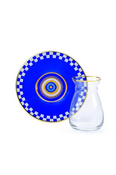 Glore طقم شاي زجاجي مذهّب باللون الأزرق والذهبي من نزار