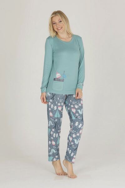 Hayal Sepeti Yeşil Renk Kış Desenli Kış Desenli Teknur 53076 Kadın Termal Pij...