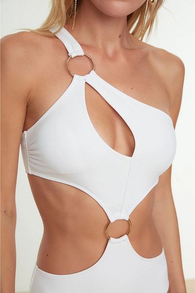Ladyrosi Costum de baie cu un singur umăr cu accesorii albe