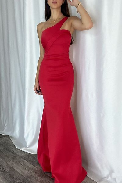 Secret Passion Lingerie Rugalmas szövet aszimmetrikus galléros hosszú piros ruha582211