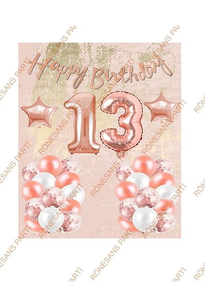 RÖNESANS PARTİ Happy Birthday Calligraphy Banner Starry Balloon Set Age 13