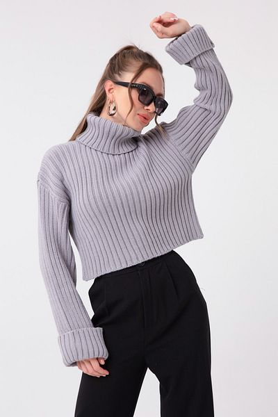 Lafaba Női szürke, széles bordás garbós kötöttáru Crop pulóver