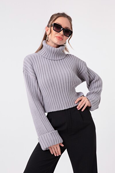 Lafaba Women's Gray Wide Ribbed Turtleneck Knitwear Crop Sweater