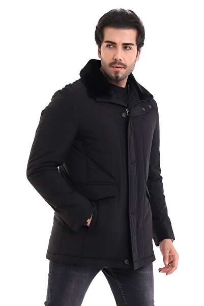 By Karaaslan Erkek Siyah Lacivert Kürklü Kalın Kaban Düğmeli Fermuarlı Klasik...