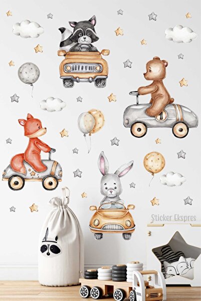 Sticker Ekspres Sevimli Hayvanlar Araba Yarışında Çocuk Odası Duvar Sticker Seti
