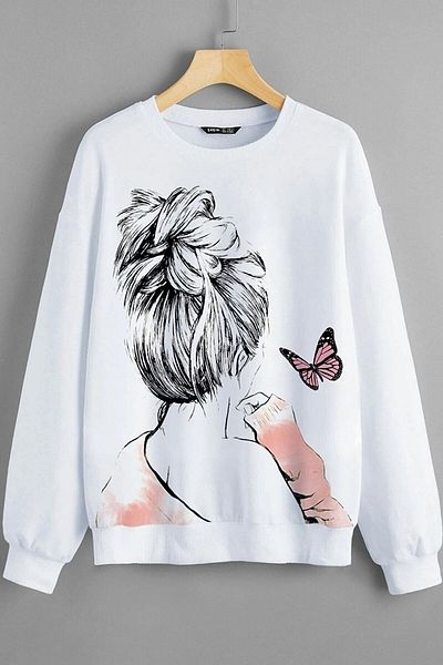 MODAGEN Weißes Oversize-Sweatshirt mit Figuren- und Schmetterlingsdruck für Damen
