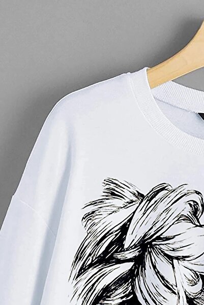 MODAGEN Hanorac oversize alb cu imprimeu siluete si fluturi