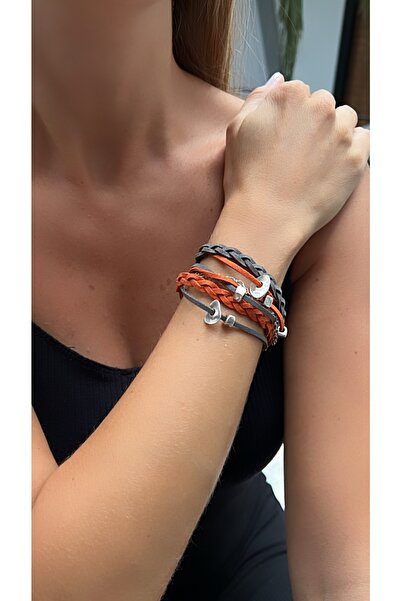 Kutcha Accessories Kadın Gri Turuncu Gümüş Kaplama Örgü Detaylı Süet Bileklik