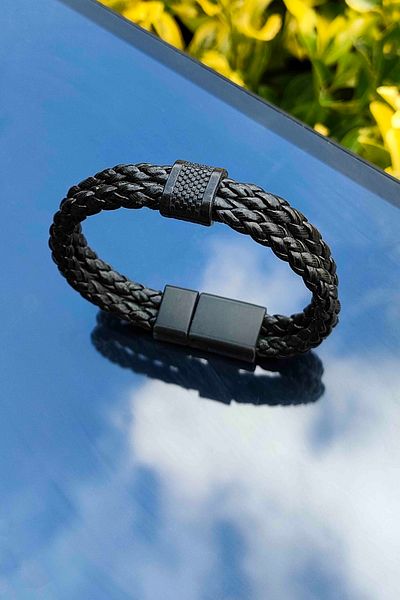 TREND COLLECTİON Magnet Closure Double Stripe Weave Black Men's Genuine Leather Bracelet