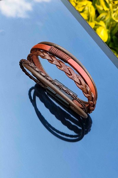 TREND COLLECTİON Magnet Closure 5-Piece Braided Model Brown Men's Genuine Leather Bracelet