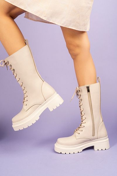 PASSAGE SHOES 5075 Γυναικείες μακριές μπότες με δερμάτινο κορδόνι με φερμουάρ