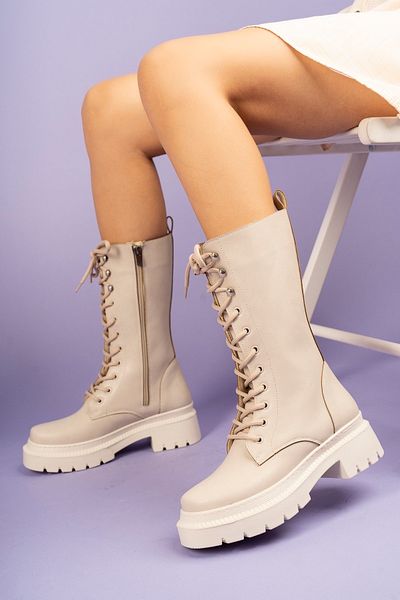 PASSAGE SHOES 5075 Γυναικείες μακριές μπότες με δερμάτινο κορδόνι με φερμουάρ