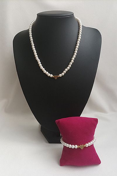 BİJUTERİ EVİ Pearl Heart Women's Necklace Bracelet Set