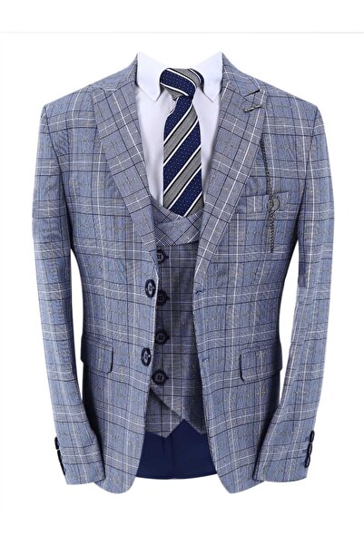 SIRRI Boy's 3 Piece Blue Checkered Suit