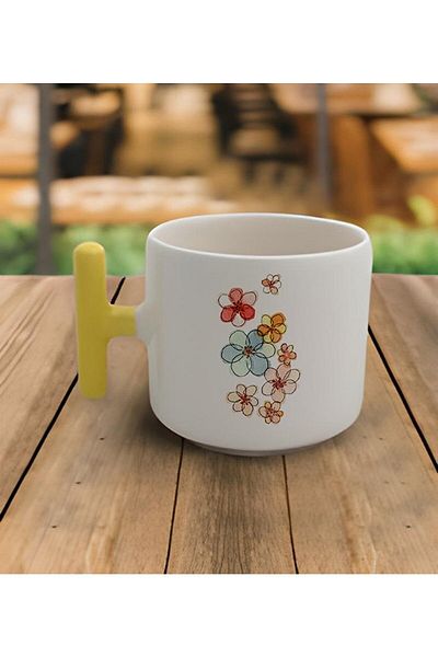 RHG Art Double Turkish Coffee Cup & Latte Flower Patterned T Yellow Handle Mug 200 Ml