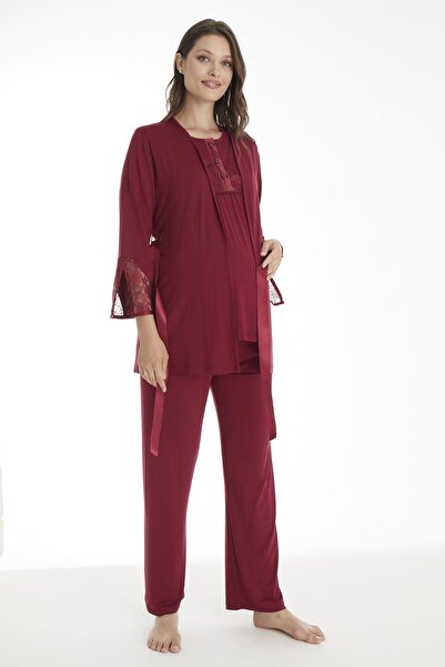 Miss Dünya Lissa طقم بيجامة للحوامل والحوامل مع ثوب نوم باللون العنابي