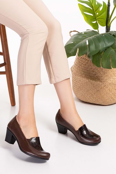Gondol Genuine Leather Comfortable Classic Heeled Shoes Vdt.206 - Brown Honeycomb - 36