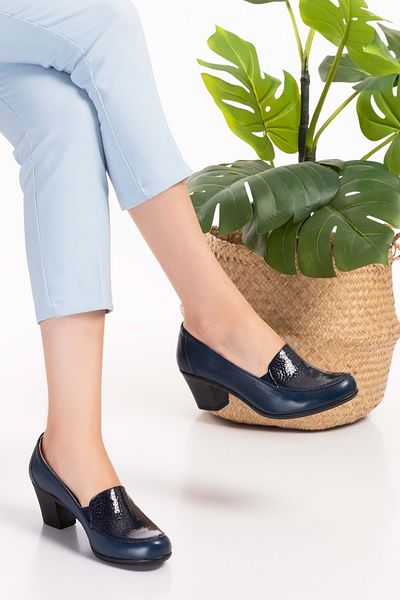 Gondol Genuine Leather Comfortable Classic Heeled Shoes Vdt.206 - Navy Blue - 43
