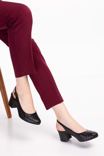 Gondol Pantofi cu toc elegant tăiați cu laser din piele naturală Şhn.882 - Negru - 38