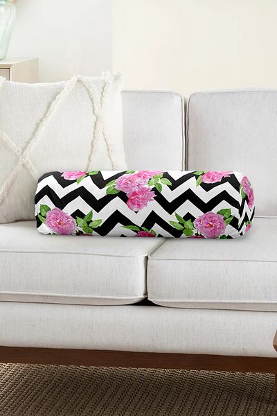 Realhomes Zigzag Zebra Themed Rose Motif Modern Inner Filled Soft Cylinder Form Pillow Throw Pillow