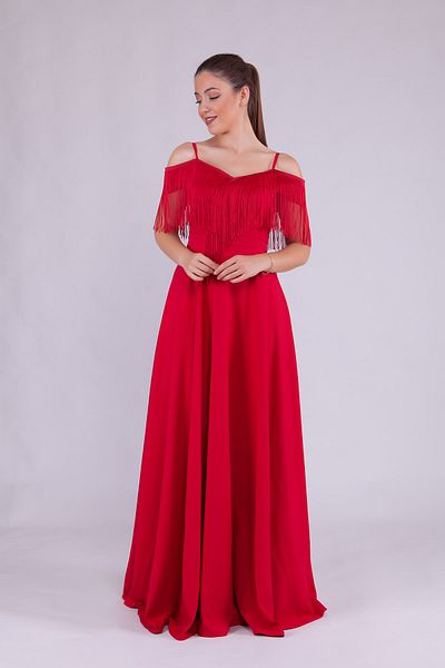 Bidoluelbise Women's Boat Neck Tassel Detail Maxi Length Evening Dress