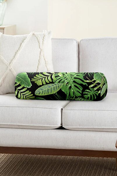 Realhomes Pernă cilindru modernă din piele întoarsă cu model de frunze verzi ...