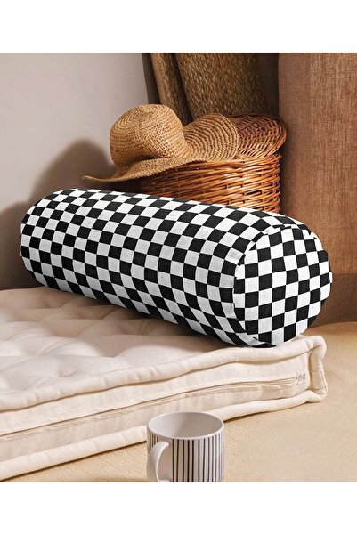 Realhomes Siyah Beyaz Ekose Desenli Dekoratif Iç Dolgulu - Fermuarlı Süet Ber...