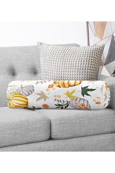Realhomes Beyaz Zeminde Bal Kabağı Desenli Modern Iç Dolgulu - Fermuarlı Süet...