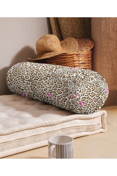 Realhomes Leopar Motifli Dijital Baskılı Iç Dolgulu Süet Silindir Yastık Kırl...
