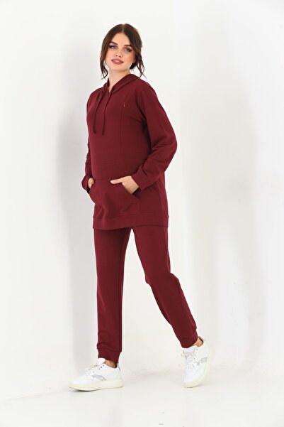 Miss Dünya Lissa Claret Red Maternity and Maternity Hooded Sweatshirt Tracksuit Set