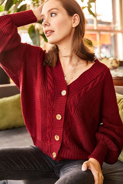 Olalook Cardigan din tricotaje împletit cu păr gros bordeaux închis pentru femei HRK-19000082